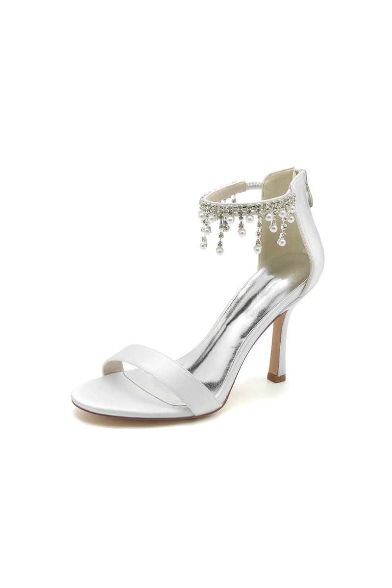 Glamorous White Leather High Heels with Silver Chain Accent - KissProm