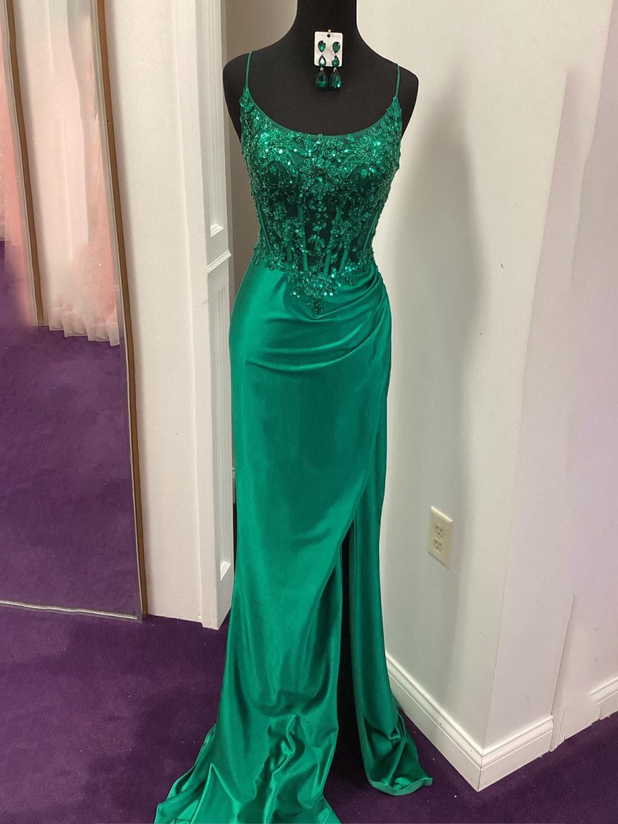 Dallas | Green Sheer Appliques Satin Mermaid Long Prom Dress - KissProm