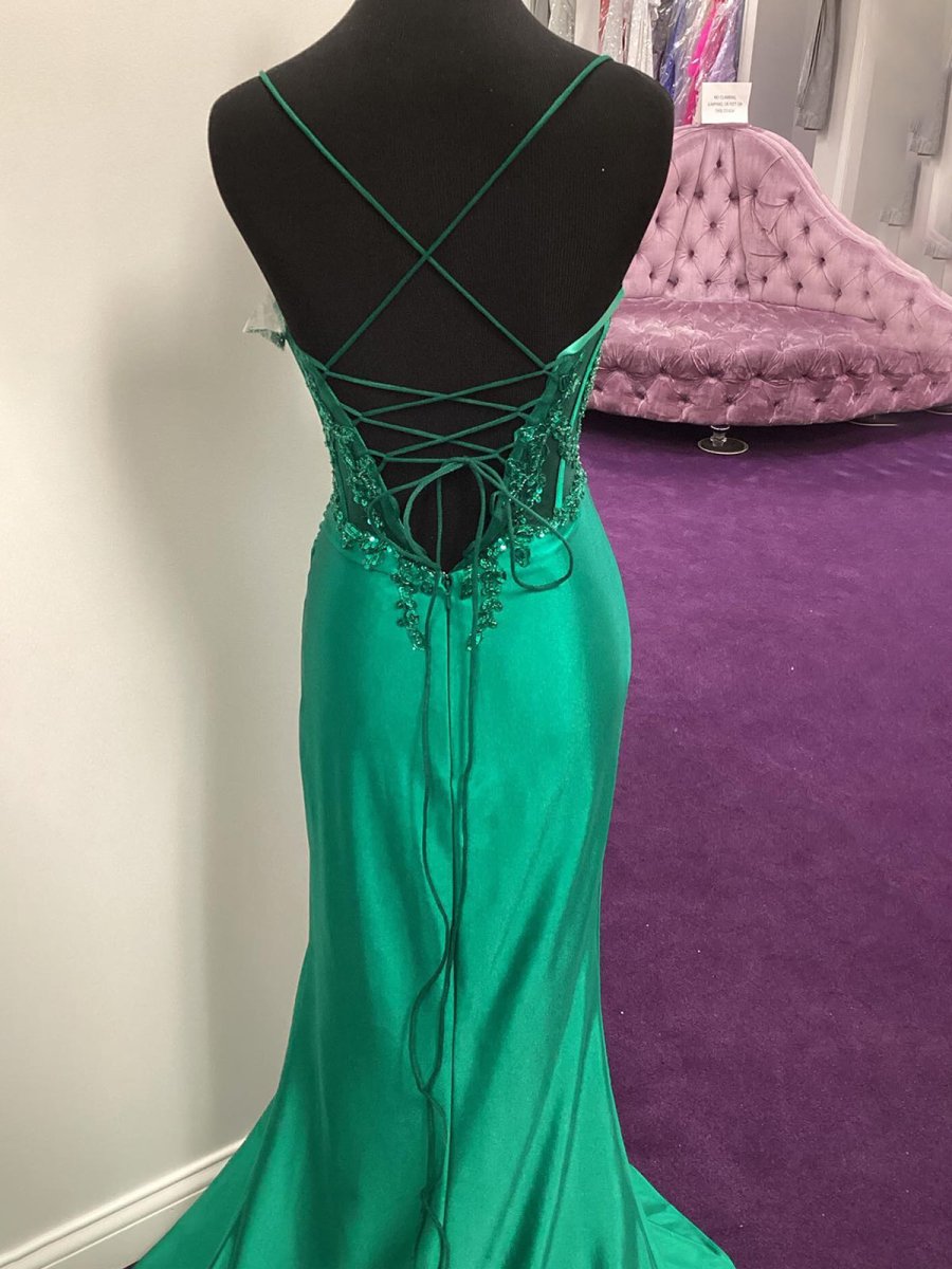 Dallas | Green Sheer Appliques Satin Mermaid Long Prom Dress - KissProm