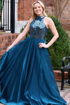 Dalley | Teal Cut Glass Mirror Halter Long Formal Dress - KissProm