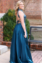 Dalley | Teal Cut Glass Mirror Halter Long Formal Dress - KissProm