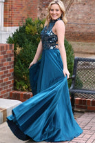 Dalley | Teal Cut Glass Mirror Halter Long Formal Dress - KissProm