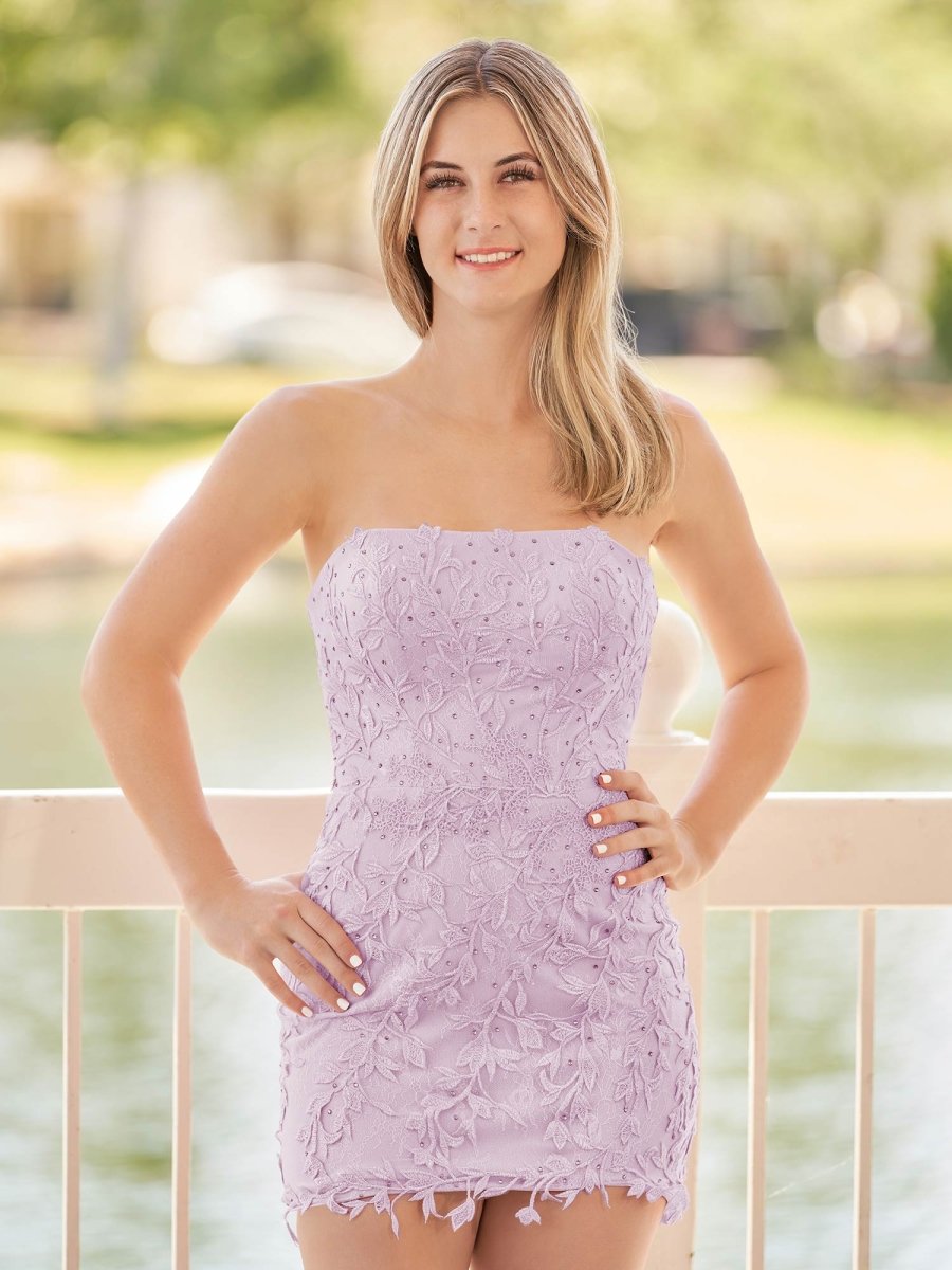 Damaris | Pink Tight Short Lace Homecoming Dress with Appliques - KissProm