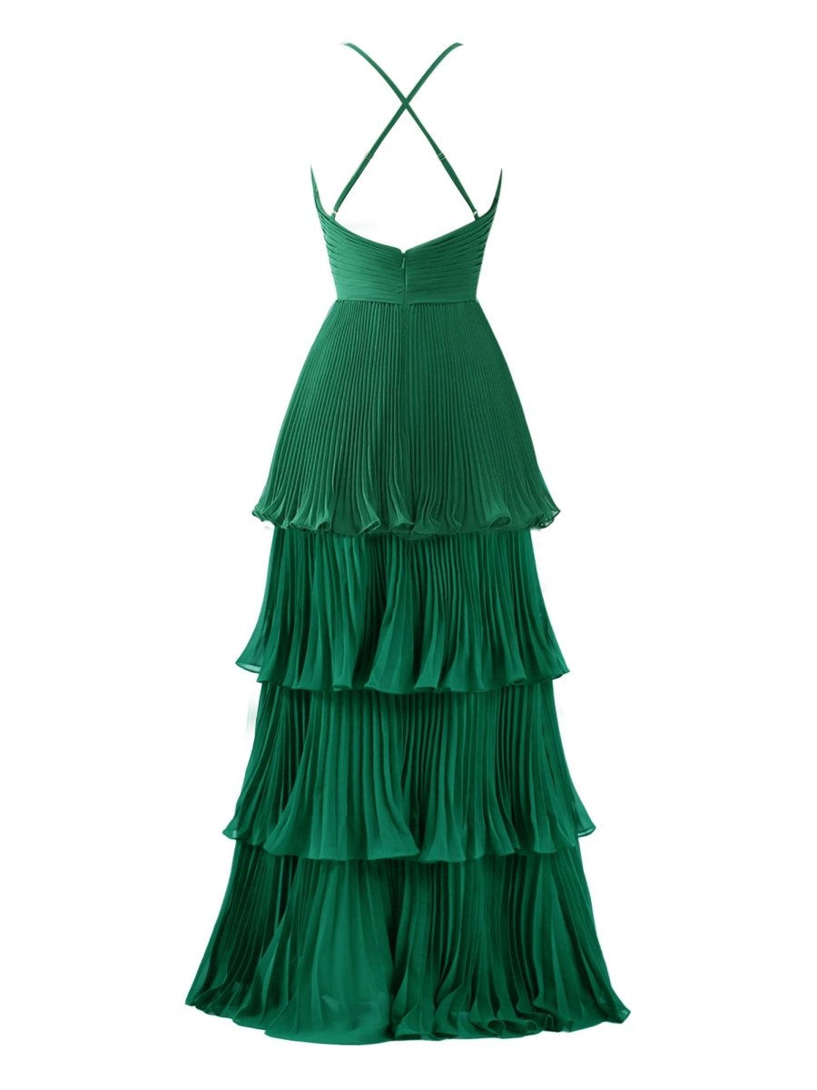 Dark Green A - Line Tiered Floor Length Chiffon Bridesmaid Dress - KissProm