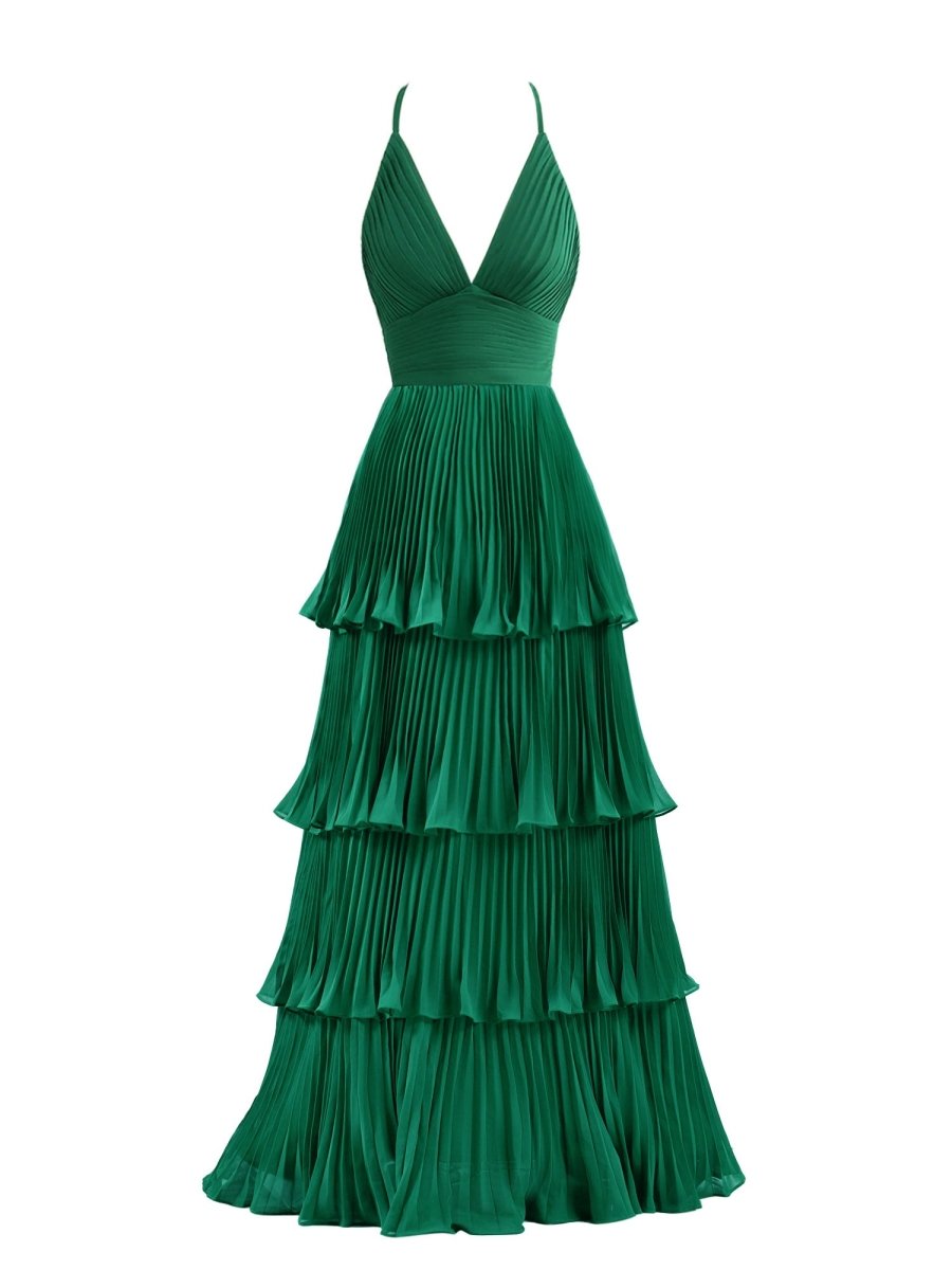 Dark Green A - Line Tiered Floor Length Chiffon Bridesmaid Dress - KissProm