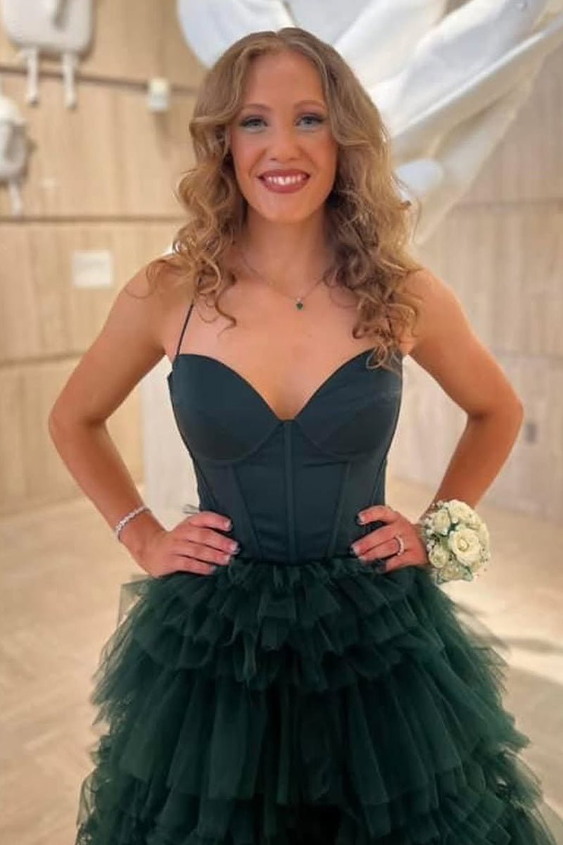 Dark Green Sweetheart Ruffle Tiered Tulle Long Prom Dresses with Slit - KissProm