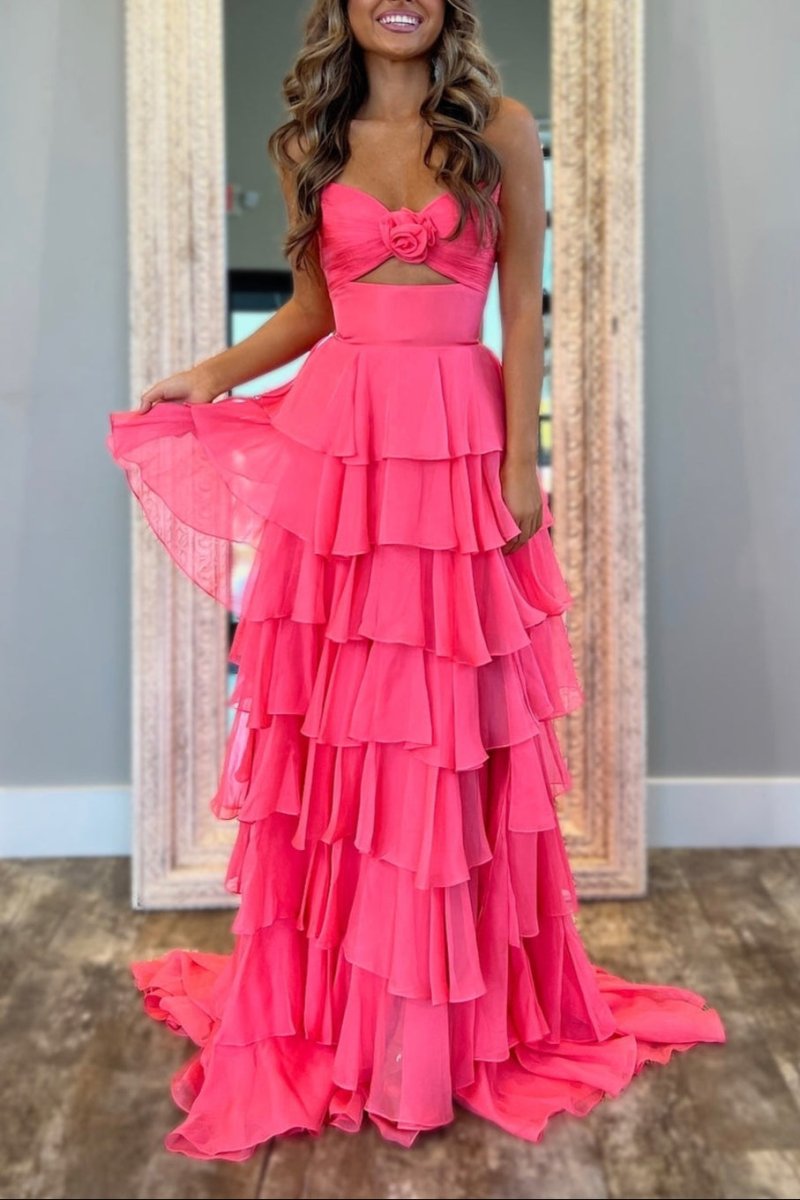 Darlin | A - Line Strapless V - Neck Layered Chiffon Sleeveless Formal Prom Dress - KissProm