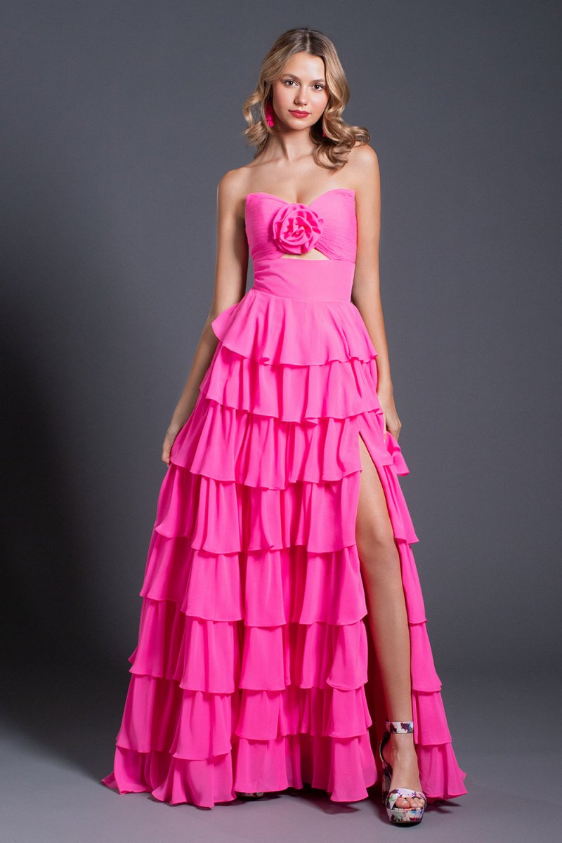 Darlin | A - Line Strapless V - Neck Layered Chiffon Sleeveless Formal Prom Dress - KissProm