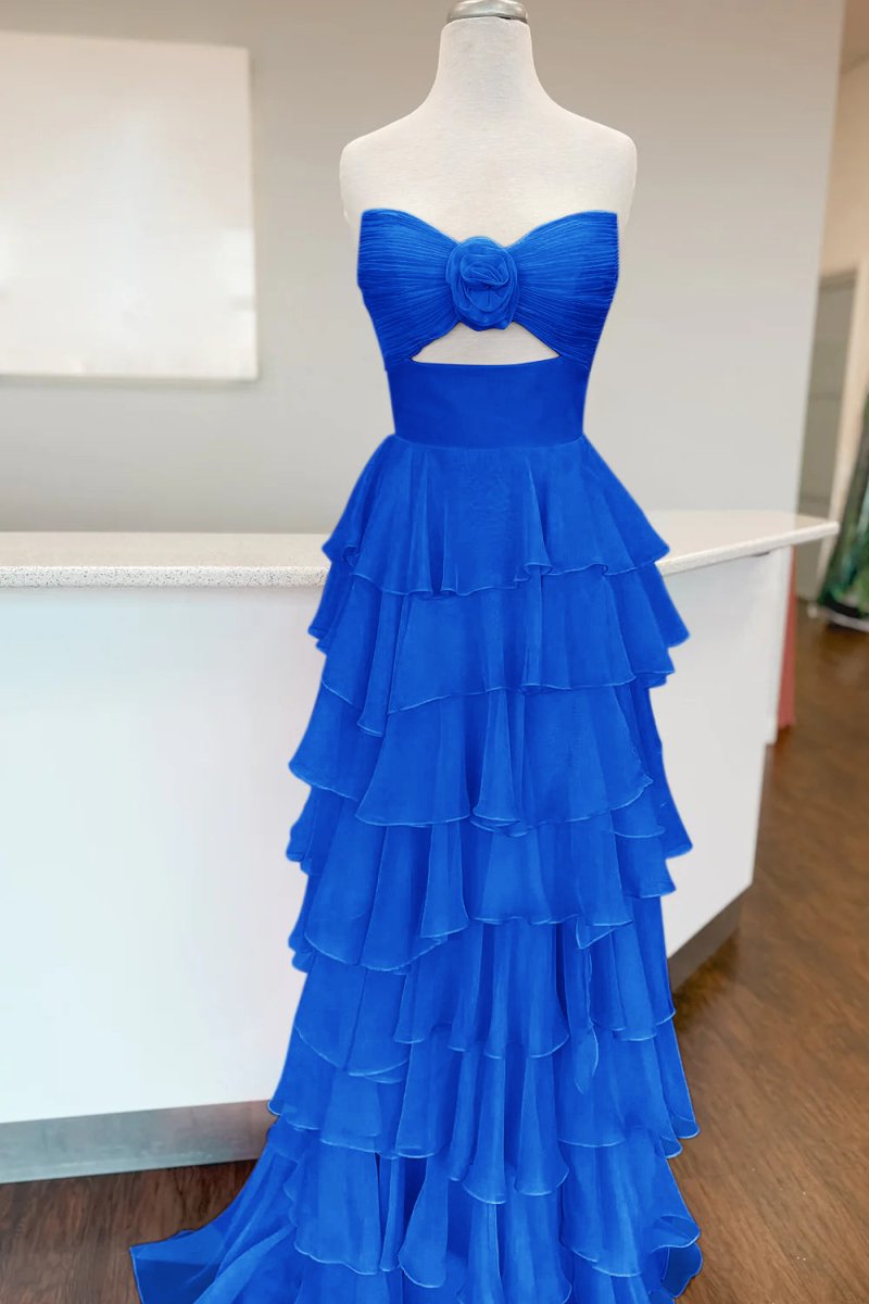 Darlin | A - Line Strapless V - Neck Layered Chiffon Sleeveless Formal Prom Dress - KissProm