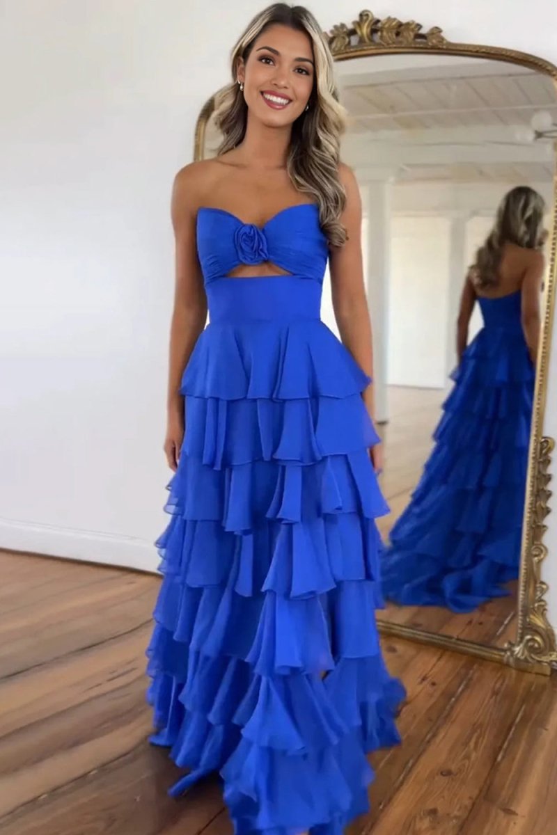 Darlin | A - Line Strapless V - Neck Layered Chiffon Sleeveless Formal Prom Dress - KissProm