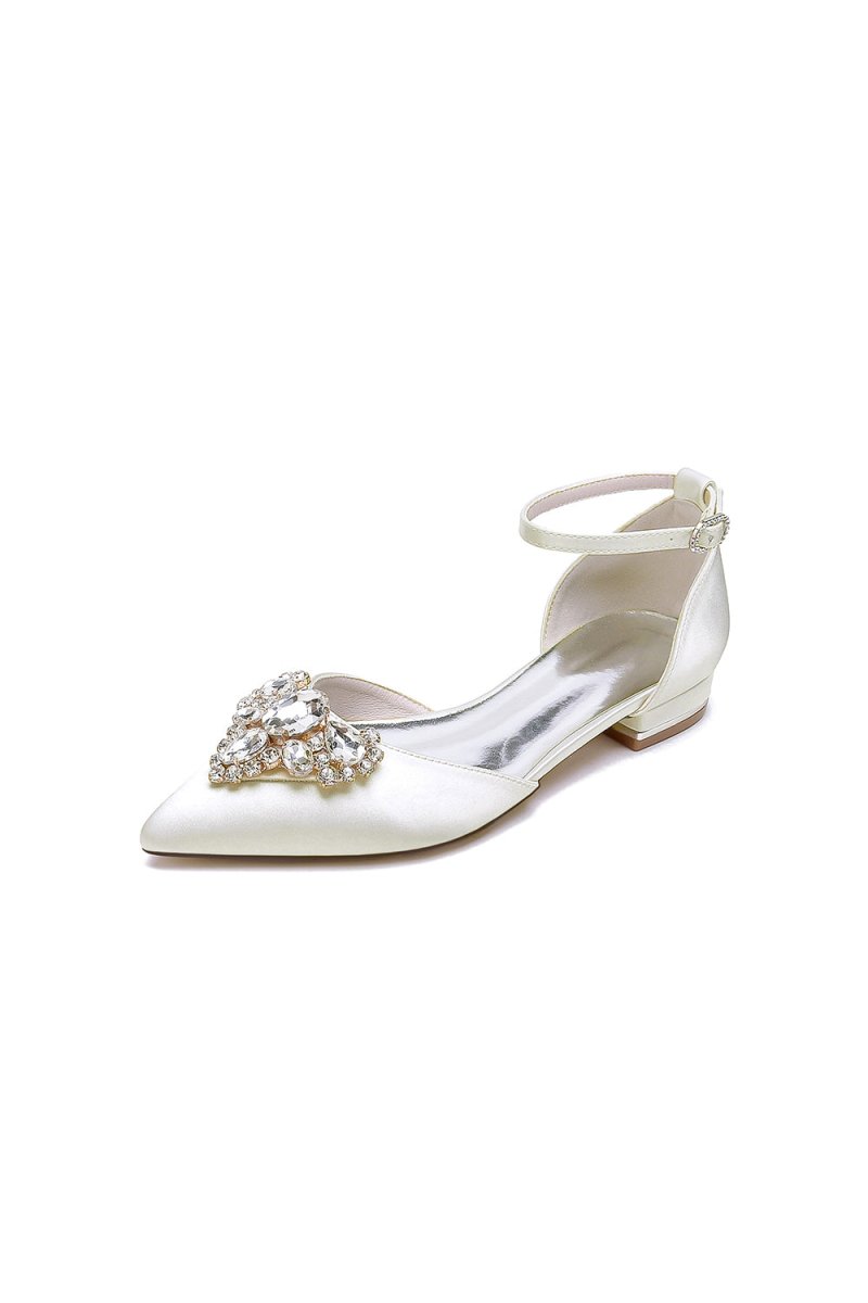 Satin Pointed Toe Ankle Strap Rhinestone Kitten Heels - KissProm