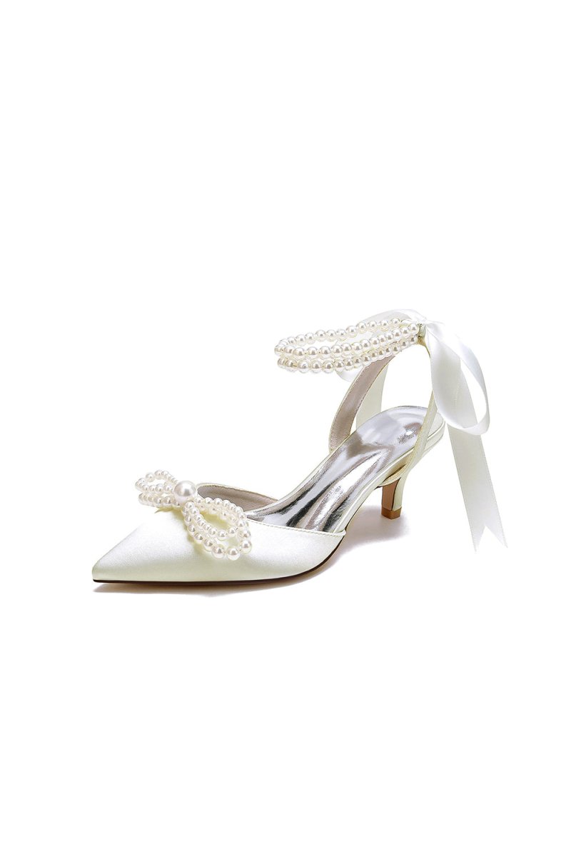 Pearl Ribbon Pointed Toe Ankle Strap High Heels - KissProm