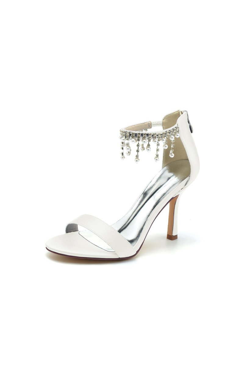 Glamorous White Leather High Heels with Silver Chain Accent - KissProm