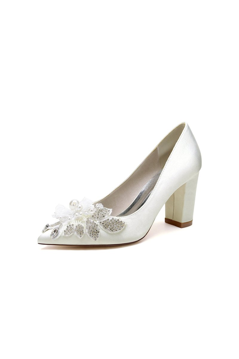 Floral Beaded Pointed Toe Chunky Heel - KissProm