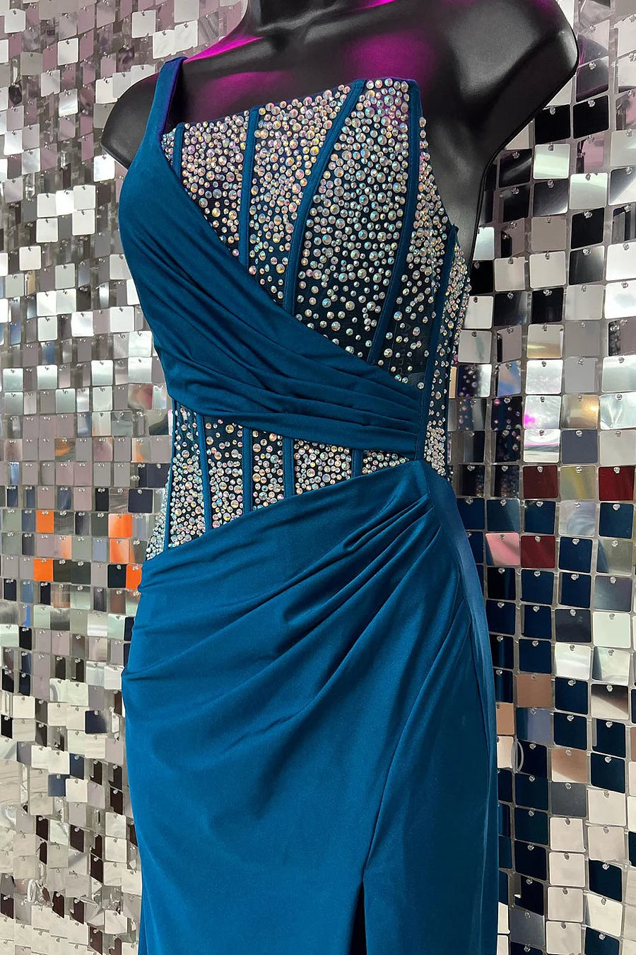 Laylani | Blue Mermaid One Shoulder Long Prom Dresses with Beaded