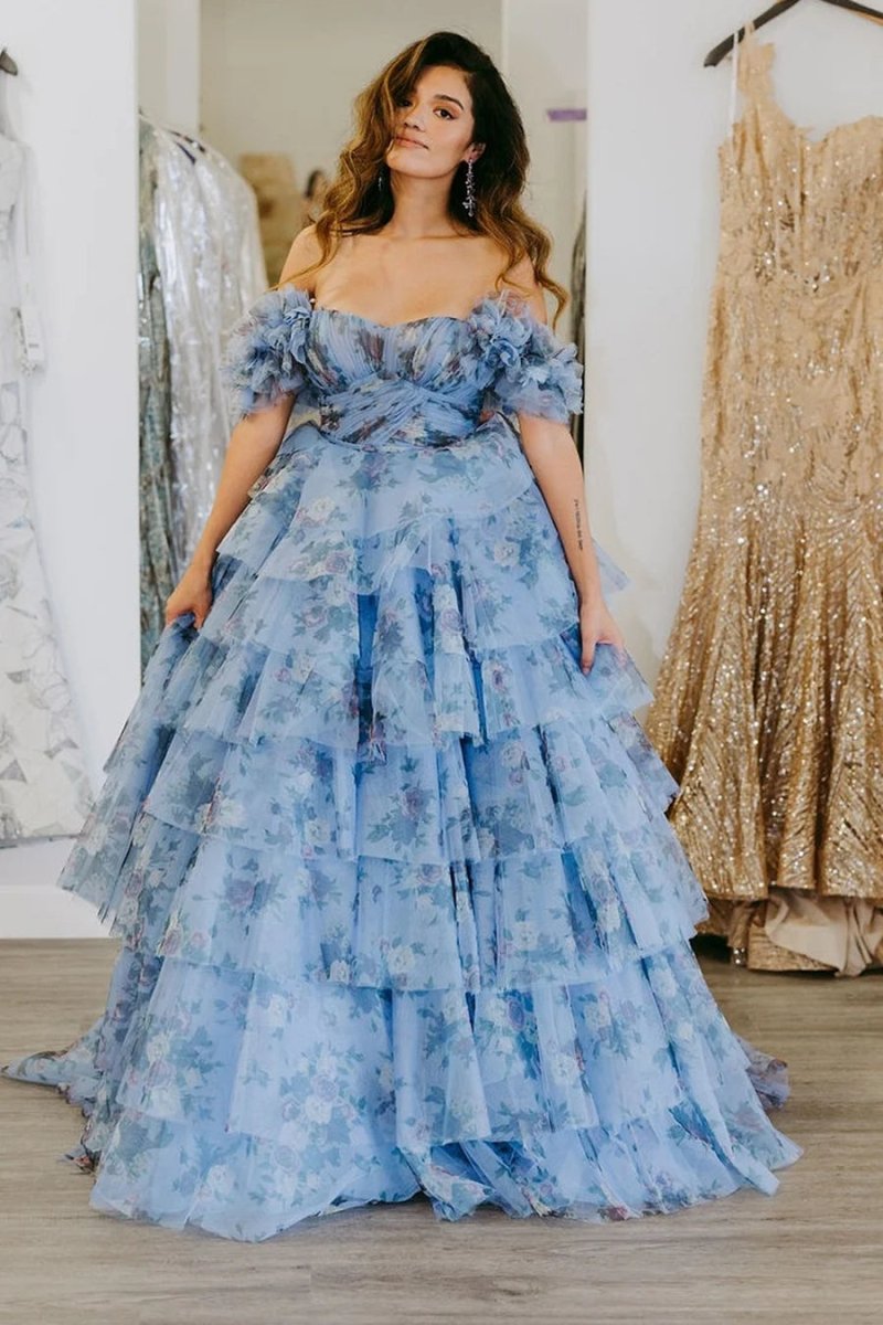 Sigourney | Blue Floral Tiered A - Line Long Prom Dress with Ruffles - KissProm