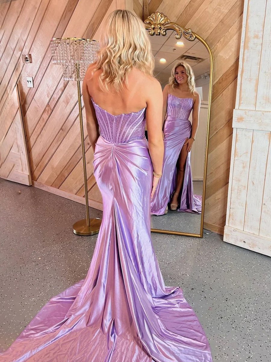 Delfina | Lilac Strapless Satin Sheath Long Prom Dresses with Slit - KissProm