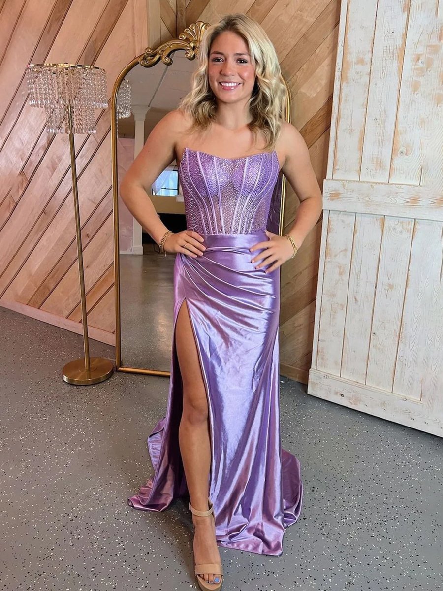 Delfina | Lilac Strapless Satin Sheath Long Prom Dresses with Slit - KissProm