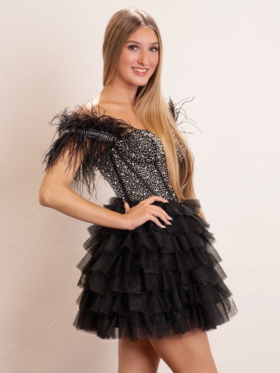 Delia |A Line Off the Shoulder Beaded Homecoming Dress with Feathers - KissProm