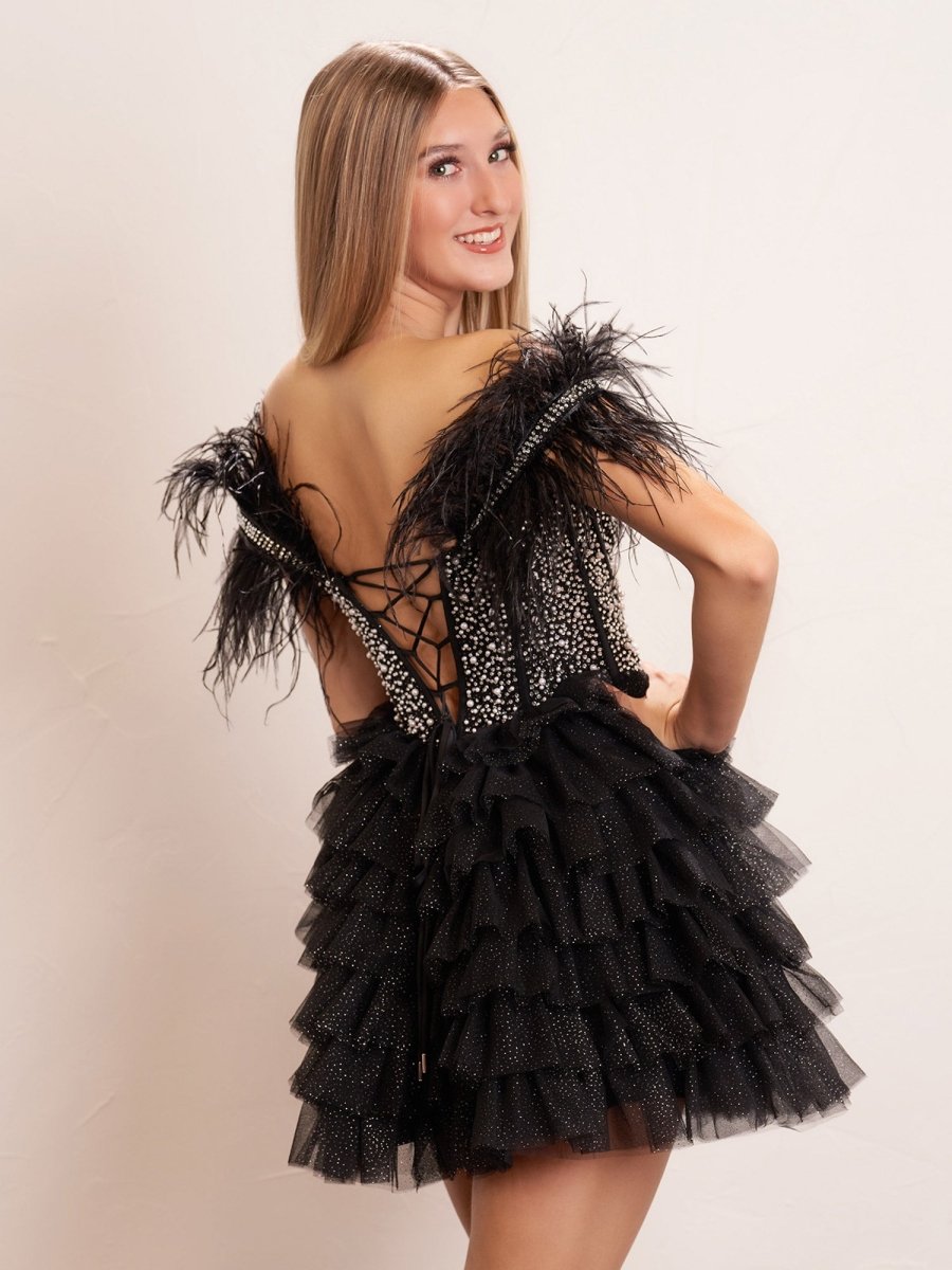 Delia |A Line Off the Shoulder Beaded Homecoming Dress with Feathers - KissProm