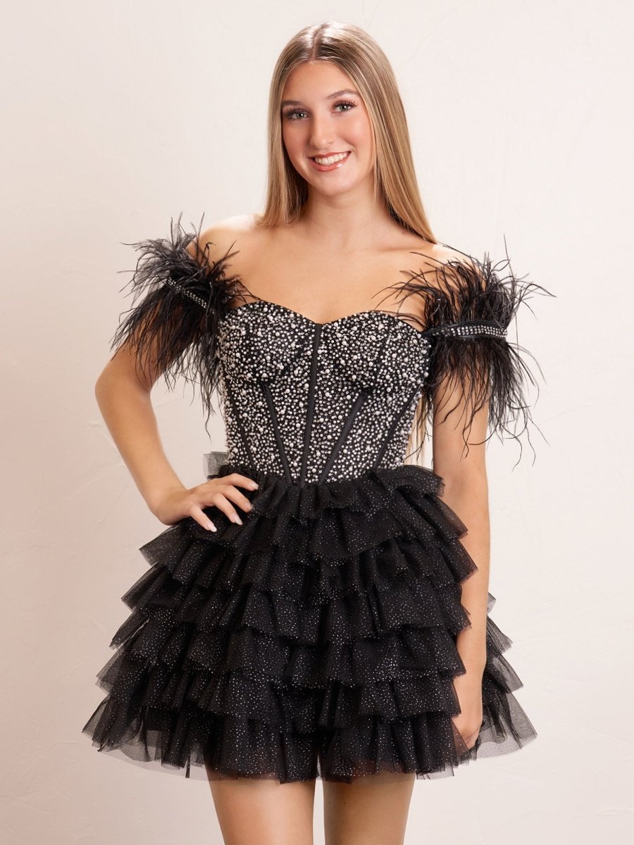 Delia |A Line Off the Shoulder Beaded Homecoming Dress with Feathers - KissProm