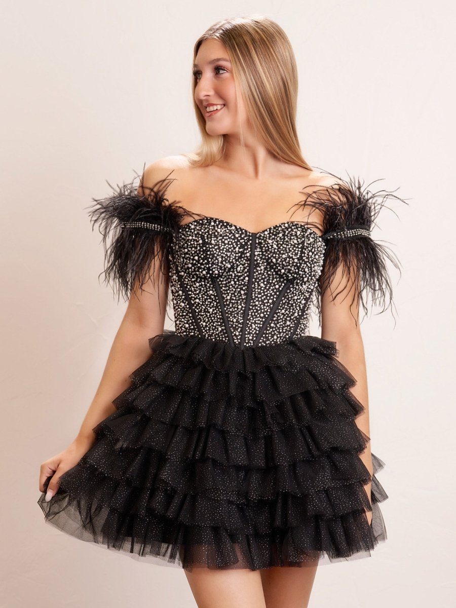 Delia |A Line Off the Shoulder Beaded Homecoming Dress with Feathers - KissProm