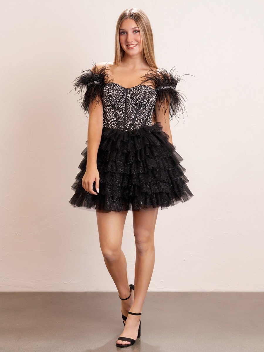 Delia |A Line Off the Shoulder Beaded Homecoming Dress with Feathers - KissProm