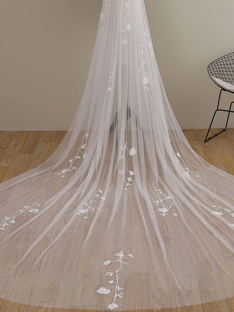 Delicate 3D Flower Lace Cathedral Veil Bridal Veil Wedding Veil - KissProm