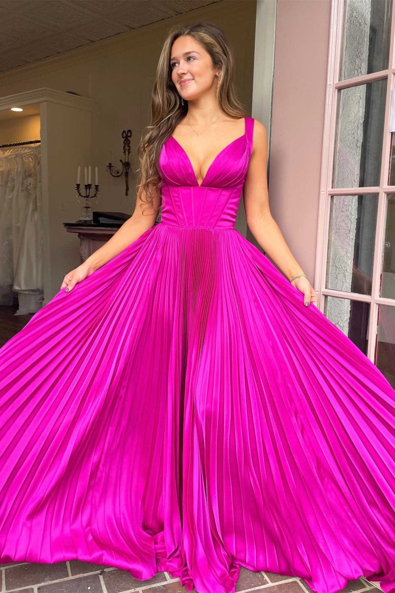 Luella | A - Line V - Neck Fuchsia Pleated Long Prom Dress - KissProm