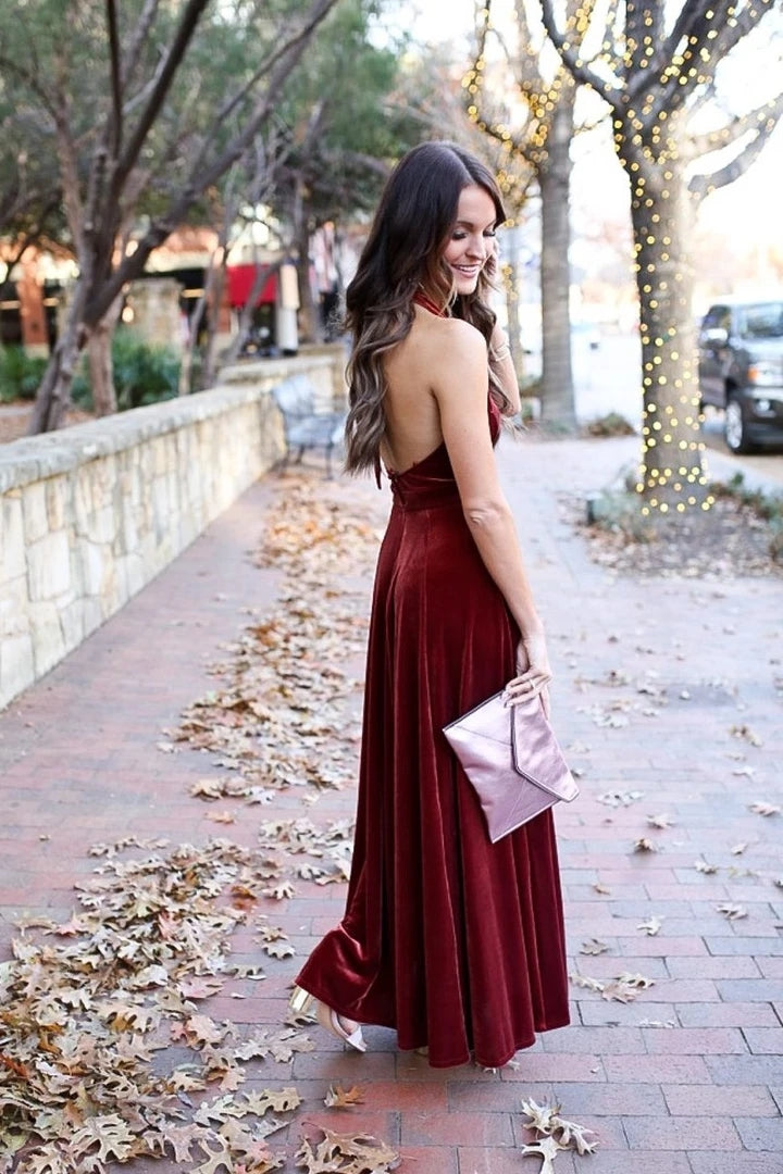 Elegant A-Line Halter Backless Burgundy Velvet Long Bridesmaid Dresses |  KissProm