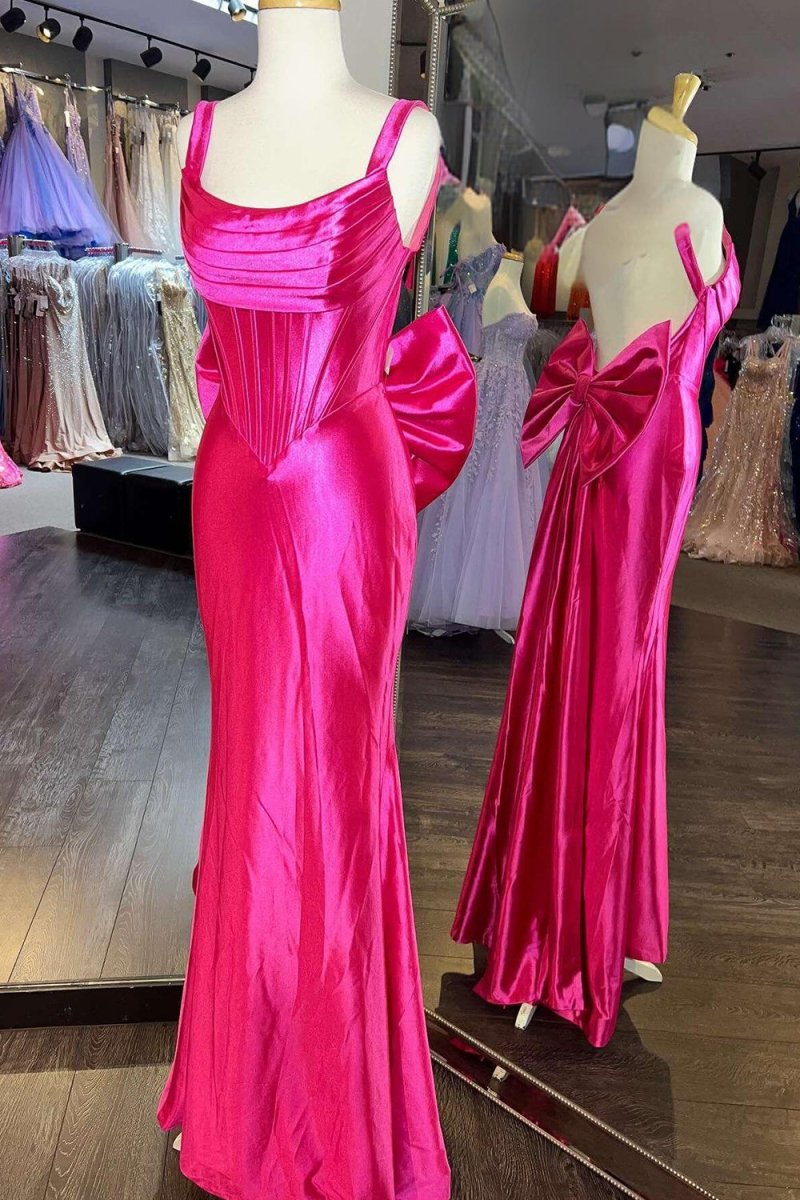 Dolores | Fuchsia Straps Satin Mermaid Formal Gown with Bow - KissProm