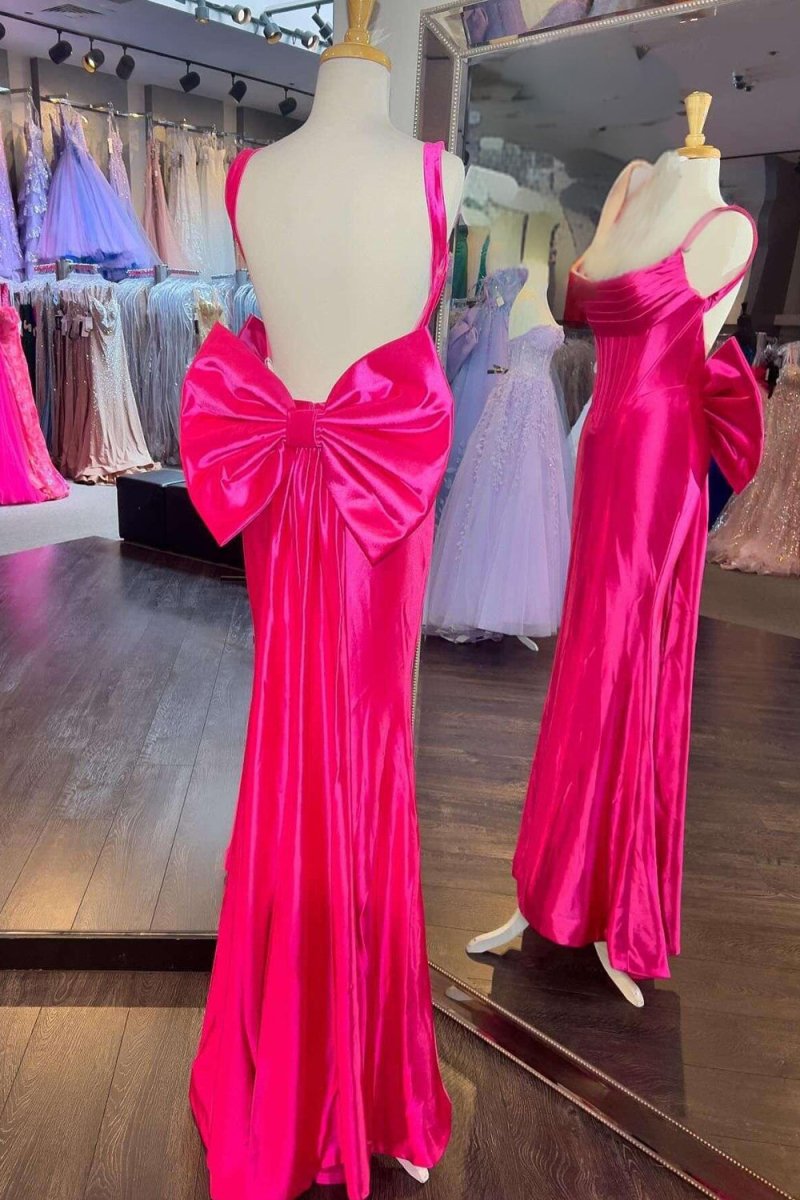 Dolores | Fuchsia Straps Satin Mermaid Formal Gown with Bow - KissProm