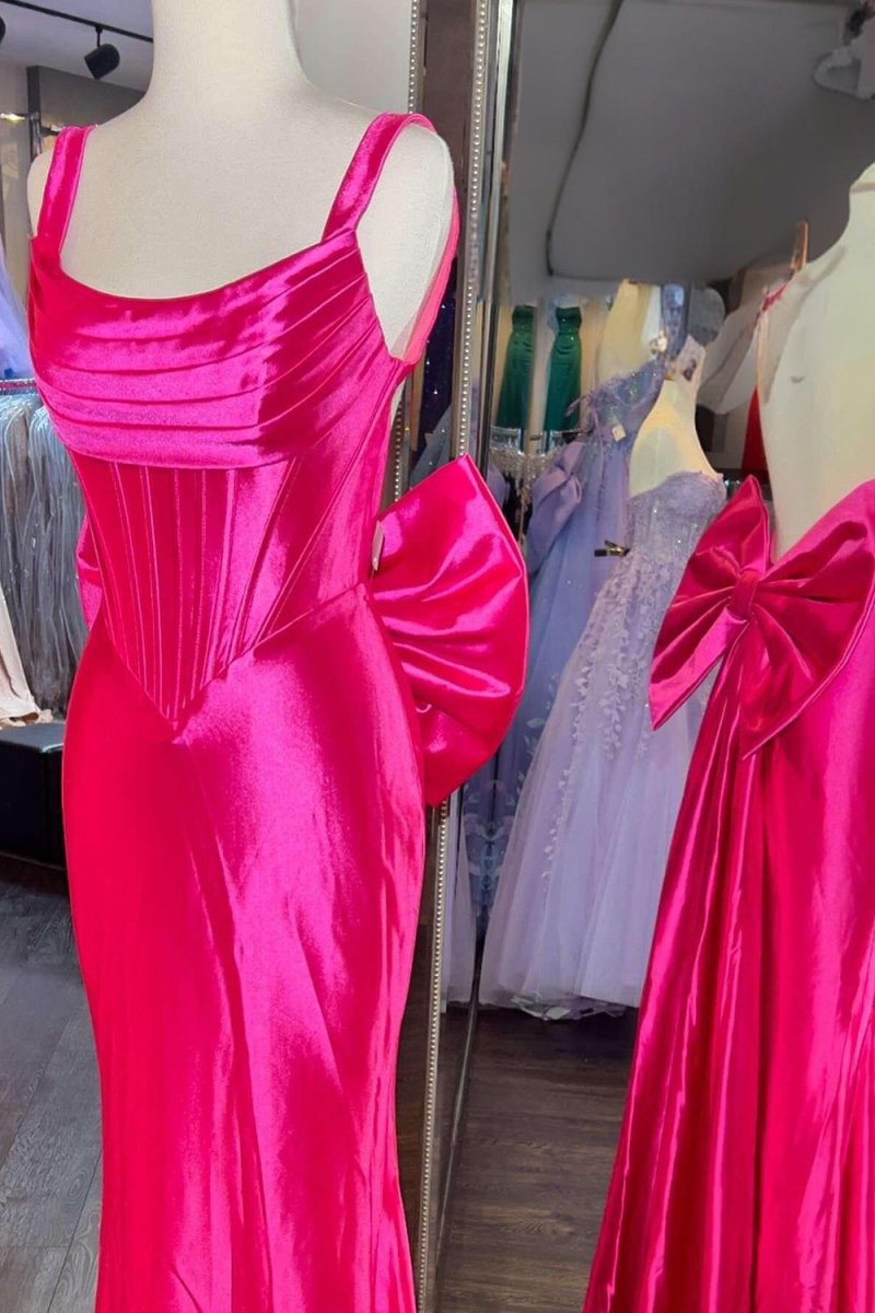 Dolores | Fuchsia Straps Satin Mermaid Formal Gown with Bow - KissProm