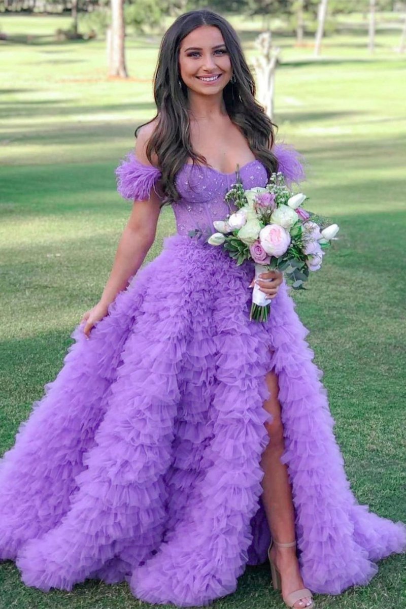 Ingrid |A Line Sweetheart Tiered Tulle Long Prom Dress With Slit - KissProm