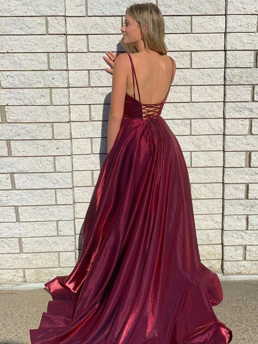 DarkRed Satin A Line Tight Long Prom Dress With Slit - KissProm