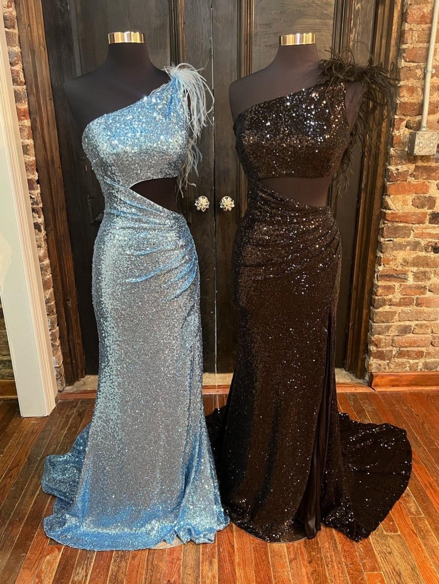 One Shoulder Sparkly Unique Black Mermaid Prom Dress - KissProm