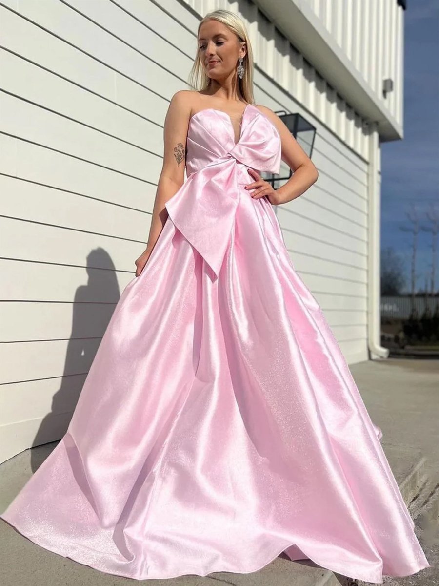 Edgar | Strapless White Satin A - line Long Formal Dress with Bow - KissProm