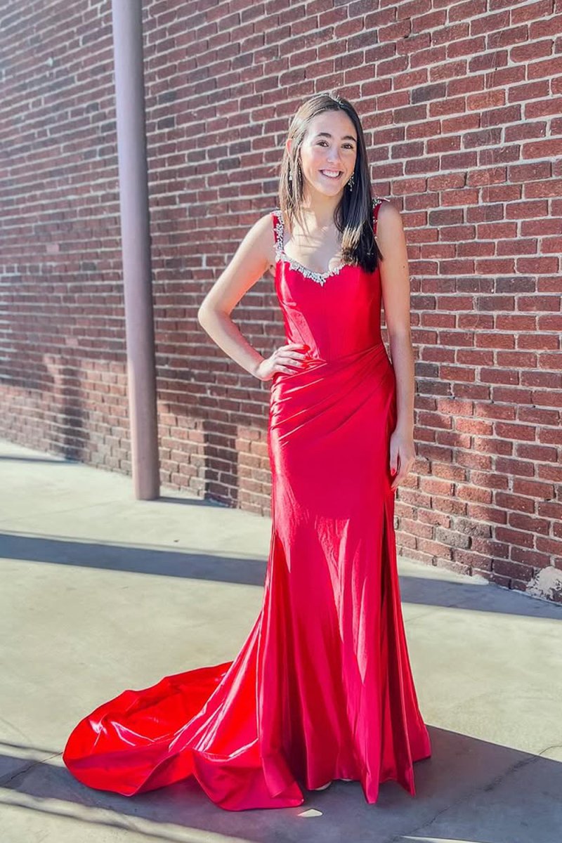 Bellamy | Mermaid V Neck Red Satin Slit Prom Dress with Beading - KissProm