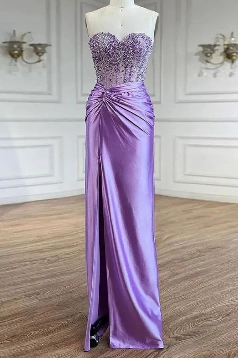 Eirene | Purple Sweetheart Mermaid Satin Long Prom Dress with Beading - KissProm