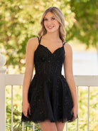 Elara | A - Line Lace Spaghetti - Straps Black short Homecoming Dress - KissProm