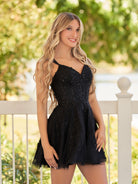 Elara | A - Line Lace Spaghetti - Straps Black short Homecoming Dress - KissProm