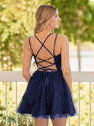 Elara | A - Line Lace Spaghetti - Straps Black short Homecoming Dress - KissProm