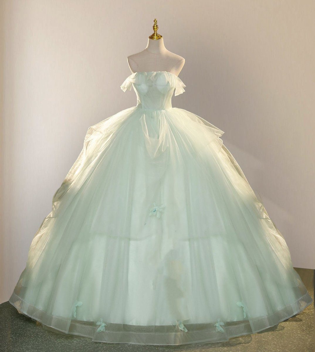 Elegant 3D Flowery Lace Sage Green Tulle Fairy Ball Gown - KissProm