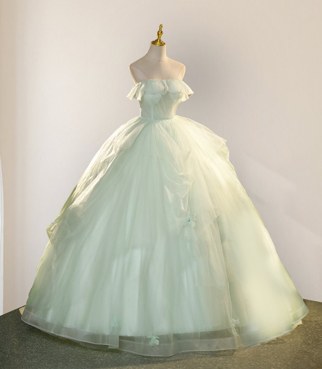 Elegant 3D Flowery Lace Sage Green Tulle Fairy Ball Gown - KissProm