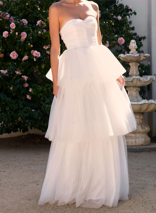 Elegant A - Line Sweetheart Sleeveless Floor - Length Tulle Wedding Dresses - KissProm