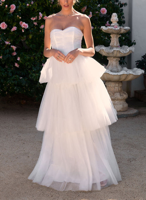 Elegant A - Line Sweetheart Sleeveless Floor - Length Tulle Wedding Dresses - KissProm