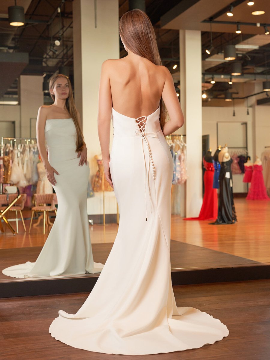 Elegant Mermaid Strapless Elastic Satin Wedding Dresses with Train - KissProm