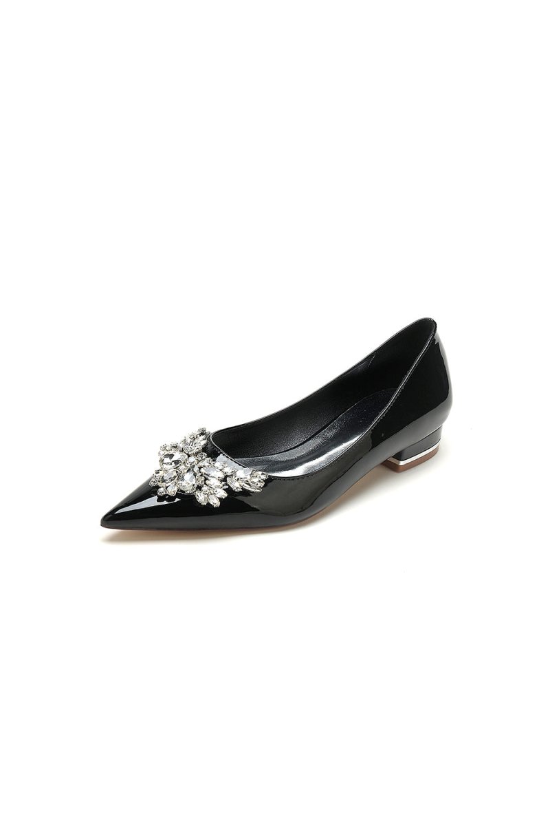 Elegant Black Pointed - Toe Flats with a Crystal Ornament - KissProm