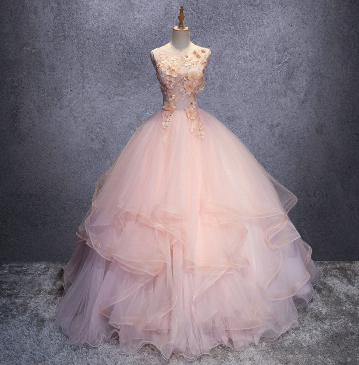 Pink A Line Organza Floor - Length Prom Dress with Appliqued - KissProm