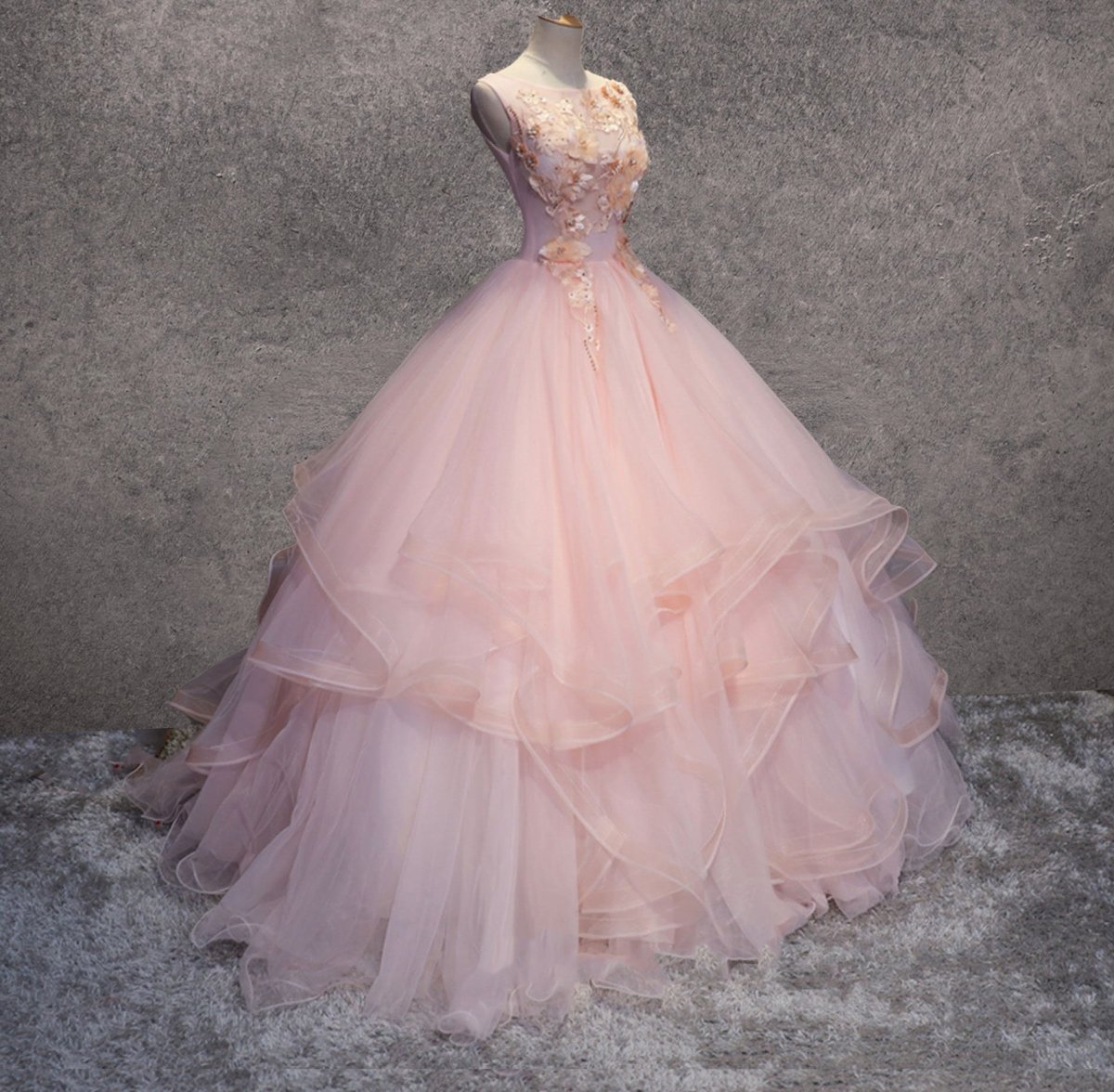 Pink A Line Organza Floor - Length Prom Dress with Appliqued - KissProm